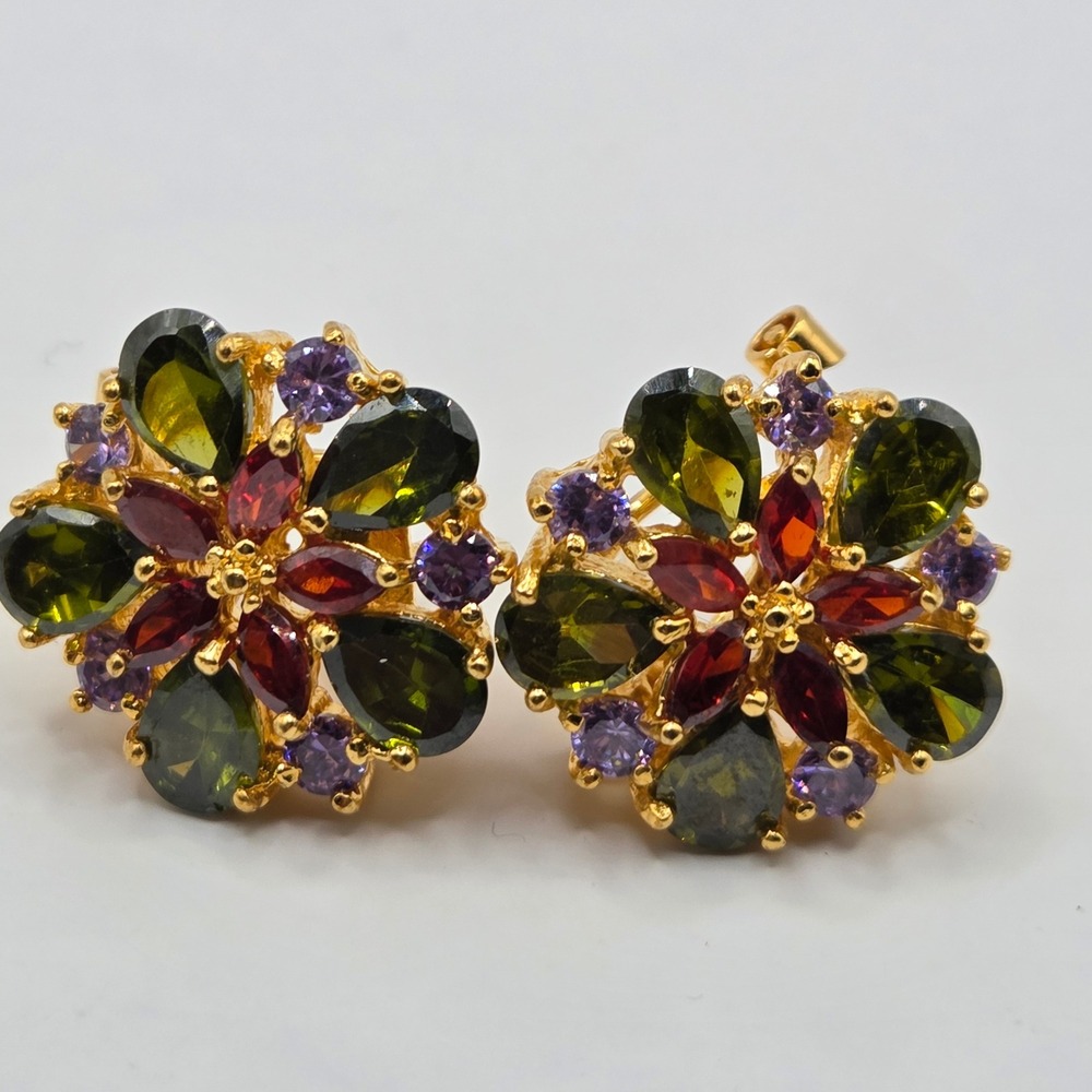Vintage Gold Tone Multicolor Floral Cluster Earrings Omega Back post earrings